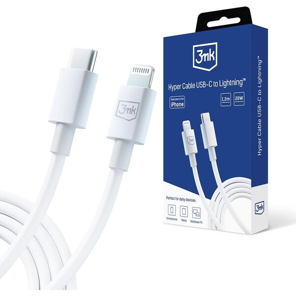 3mk Hyper Cable USB-C/Lightning datový kabel, 20W, 1,2m bílý