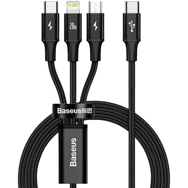 Baseus Rapid Series datový kabel 3v1 USB-C (Micro + Lightning + USB-C) PD 20W 1,5m černá