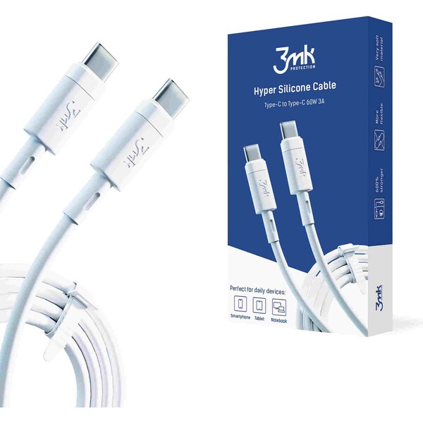 3mk Hyper Silicone Cable USB-C/USB-C datový kabel, 60W, 1m bílý