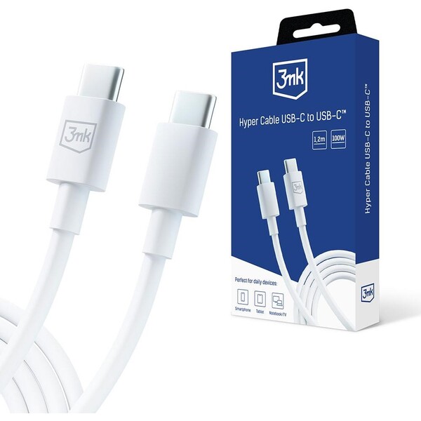 3mk Hyper Cable USB-C/USB-C datový kabel, 100W, 1,2m bílý