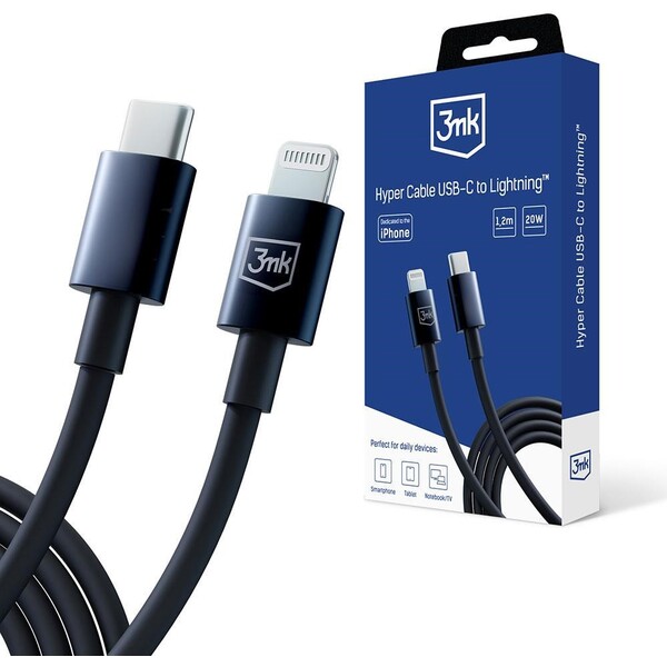 3mk Hyper Cable USB-C/Lightning datový kabel, 20W, 1,2m černý