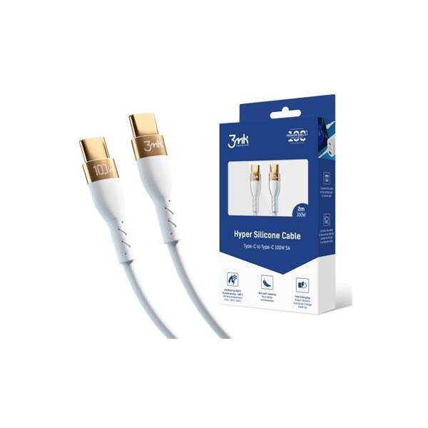 3mk Hyper Silicone Cable USB-C/USB-C datový kabel, 2m, 100W bílý