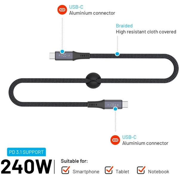 FIXED Multimedia Cabel USB-C napájecí a datový kabel 4K/60z, 20Gbps, 240W, 1,2m šedý - Kabely a redukce - Obrázek 930ce3cbc2c346748673174388467123