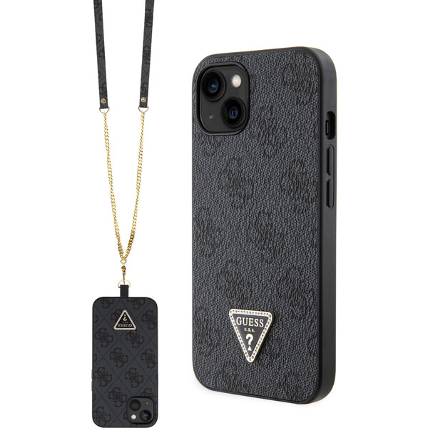 Levně Guess PU 4G Strass Triangle Metal Logo Kryt + Crossbody Popruh iPhone 15 černý