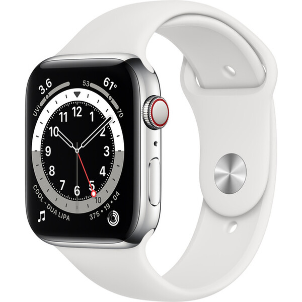 Levně Apple Watch Series 6 Cellular 44mm stříbrná ocel s bílým sportovním řemínkem