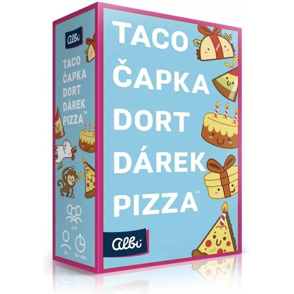 Desková hra Taco, čapka, dort, dárek, pizza