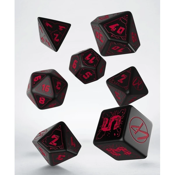 Set kostek Q-workshop Cyberpunk Edition černé s červenými ornamenty (7 kostek) - Kostky - Hlavní obrázek
