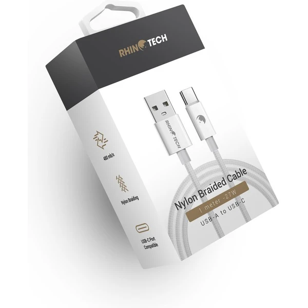 RhinoTech kabel s nylonovým opletem USB-A na USB-C 27W, 1 m bílý - Kabely - Obrázek T431000L01