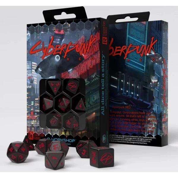 Set kostek Q-workshop Cyberpunk Edition černé s červenými ornamenty (7 kostek) - Kostky - Obrázek T6DE000O01