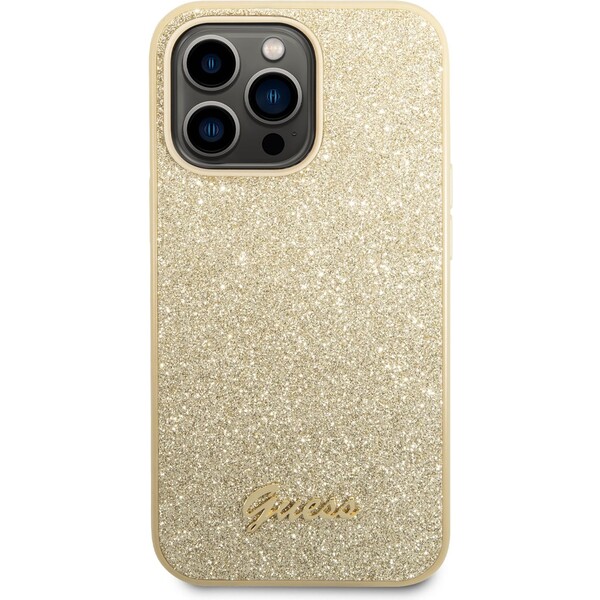 Levně Guess PC/TPU Glitter Flakes Metal Logo kryt iPhone 14 Pro Max zlatý