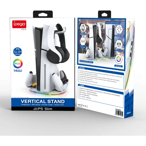 iPega P5S045 Vertikální Nabíjecí Stojan s RGB pro PS5/PS5 Slim/PS5 Pro bílý - Nabíječky - Obrázek c9ea6f84e5884825b07ba2c2e857a7da
